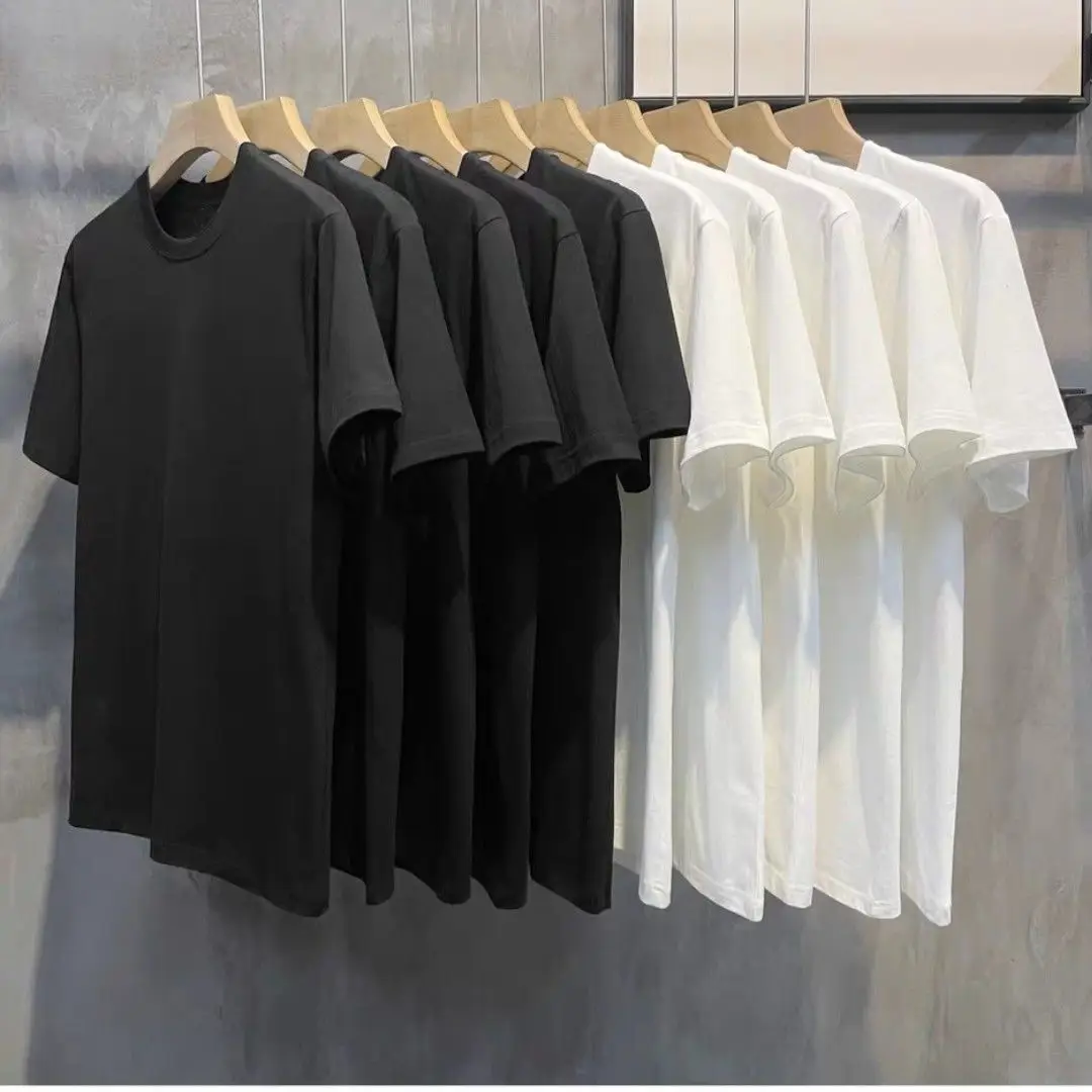 200g cotton small shoulder short sleeve T-shirt men and women with half sleeve solid color black white men's crew neck base generation — feature 5
