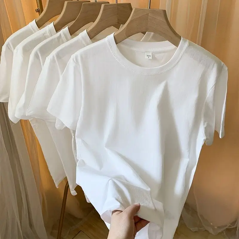 200g cotton small shoulder short sleeve T-shirt men and women with half sleeve solid color black white men's crew neck base generation — feature 6