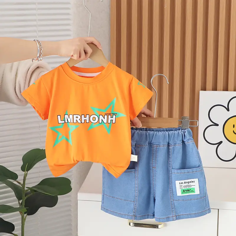 Children's Orange T-Shirt Shorts Set 2024 Summer