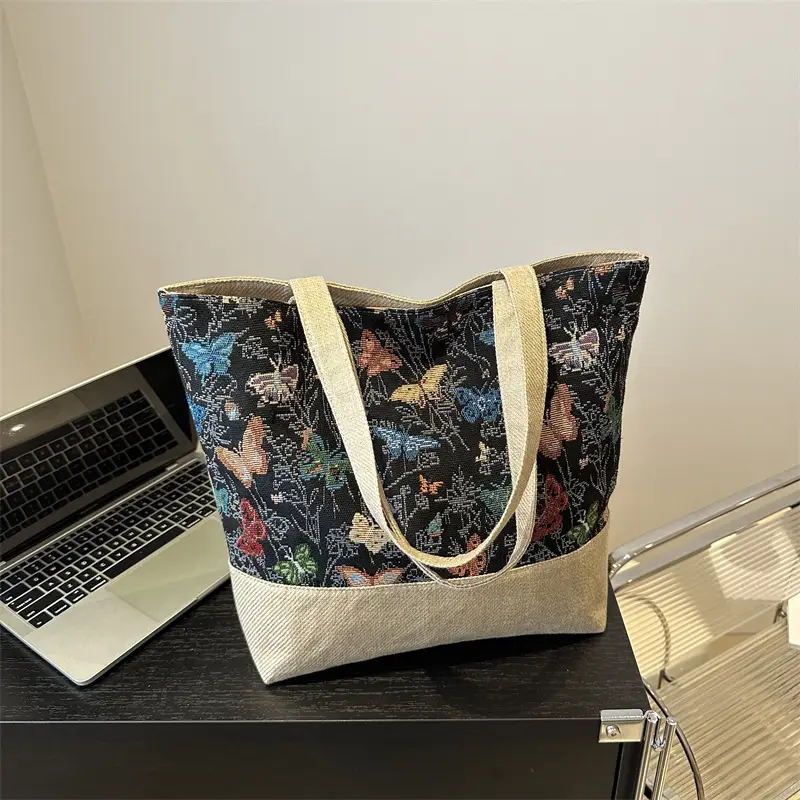 Women Linen Floral Tote Bag 2024 Summer Butterfly Print