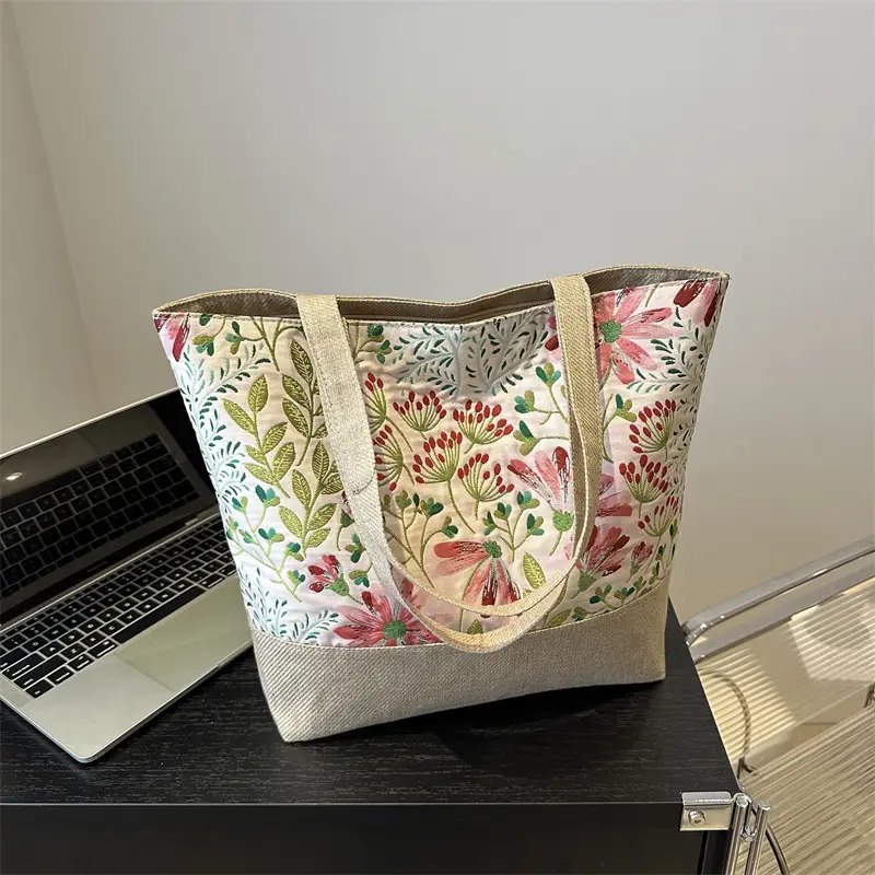 Women Linen Floral Tote Bag 2024 Summer Butterfly Print