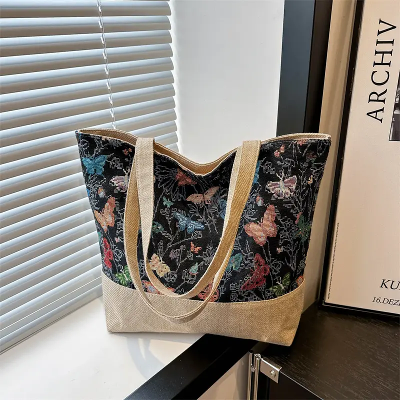 Women Linen Floral Tote Bag 2024 Summer Butterfly Print