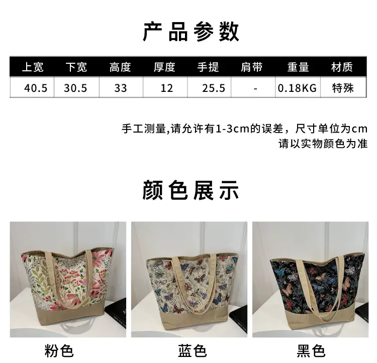 Women Linen Floral Tote Bag 2024 Summer Butterfly Print — feature 26