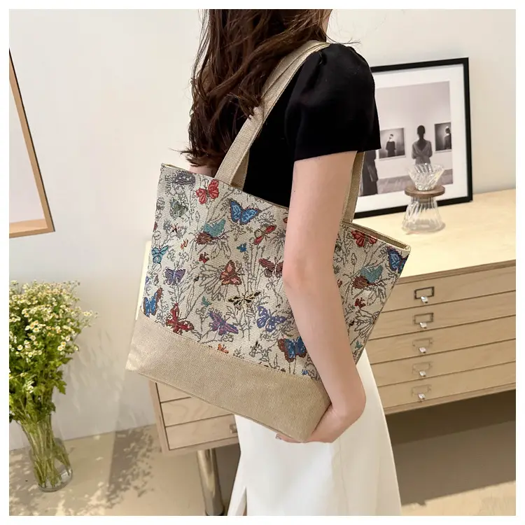 Women Linen Floral Tote Bag 2024 Summer Butterfly Print — feature 12