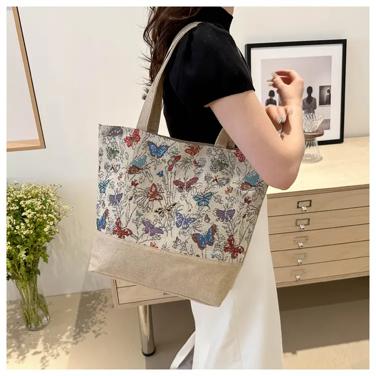 Women Linen Floral Tote Bag 2024 Summer Butterfly Print — feature 13
