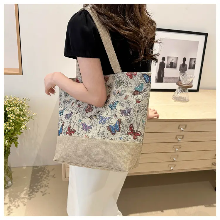 Women Linen Floral Tote Bag 2024 Summer Butterfly Print — feature 14