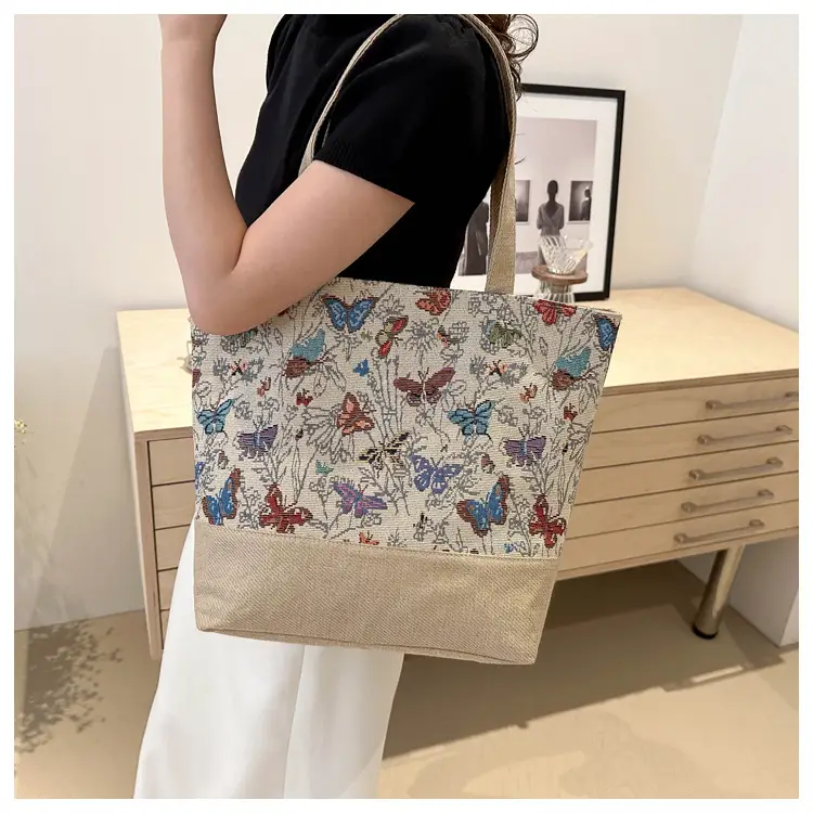 Women Linen Floral Tote Bag 2024 Summer Butterfly Print — feature 15