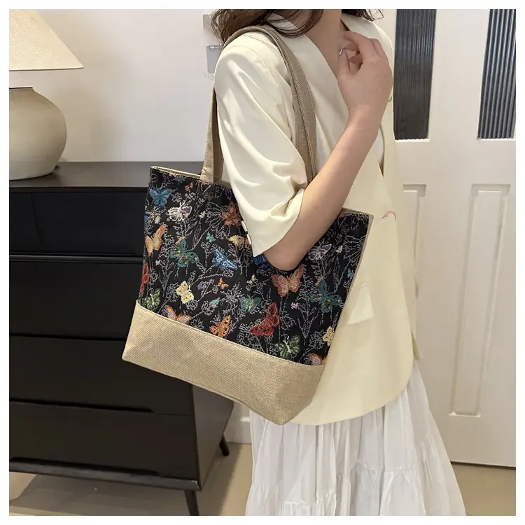 Women Linen Floral Tote Bag 2024 Summer Butterfly Print — feature 16
