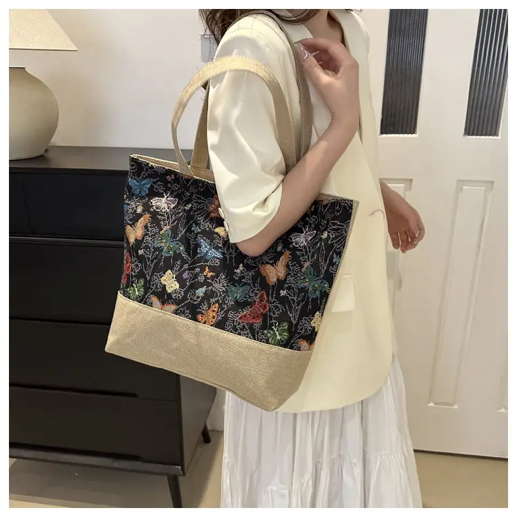 Women Linen Floral Tote Bag 2024 Summer Butterfly Print — feature 17