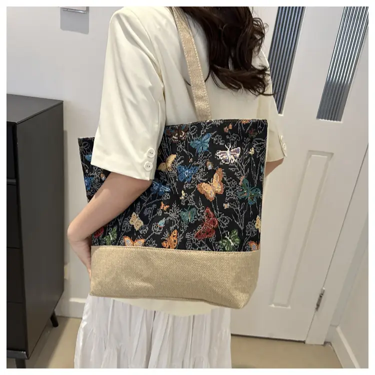 Women Linen Floral Tote Bag 2024 Summer Butterfly Print — feature 18