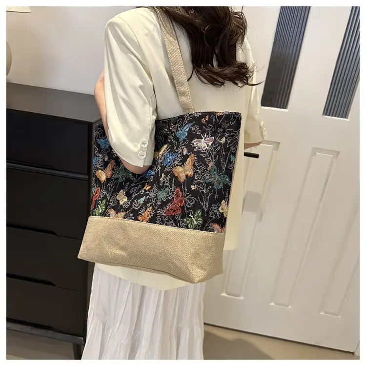 Women Linen Floral Tote Bag 2024 Summer Butterfly Print — feature 19