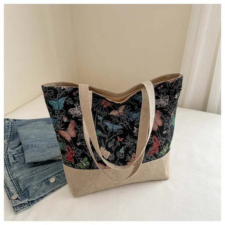 Women Linen Floral Tote Bag 2024 Summer Butterfly Print — feature 22