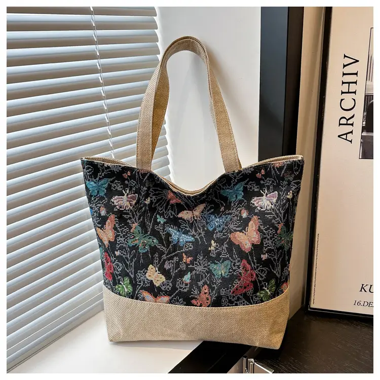Women Linen Floral Tote Bag 2024 Summer Butterfly Print — feature 23