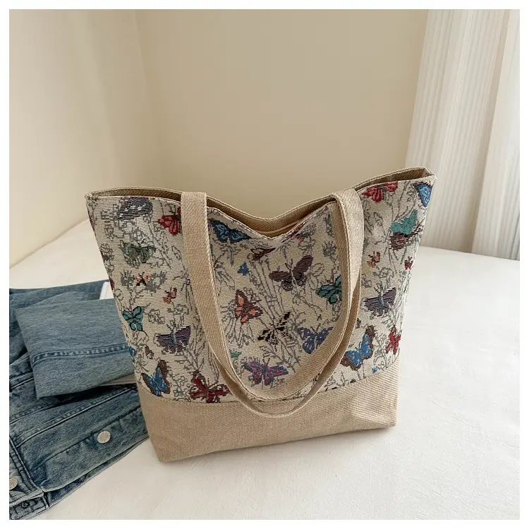 Women Linen Floral Tote Bag 2024 Summer Butterfly Print — feature 24