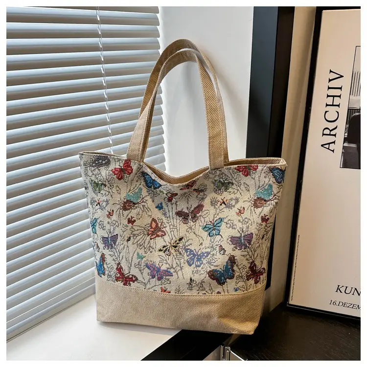 Women Linen Floral Tote Bag 2024 Summer Butterfly Print — feature 25