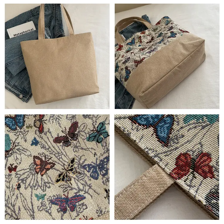 Women Linen Floral Tote Bag 2024 Summer Butterfly Print — feature 7