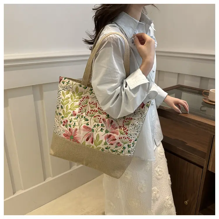 Women Linen Floral Tote Bag 2024 Summer Butterfly Print — feature 9