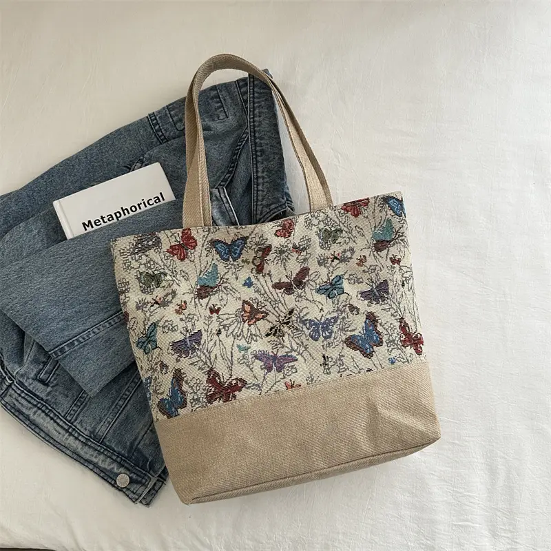 Women Linen Floral Tote Bag 2024 Summer Butterfly Print