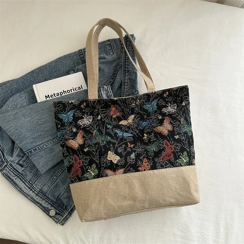 Women Linen Floral Tote Bag 2024 Summer Butterfly Print