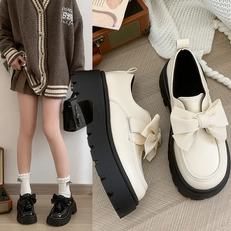 British style small leather shoes women's wholesale new spring and autumn bow with skirt thick bottom muffin retro casual shoes - Image 3