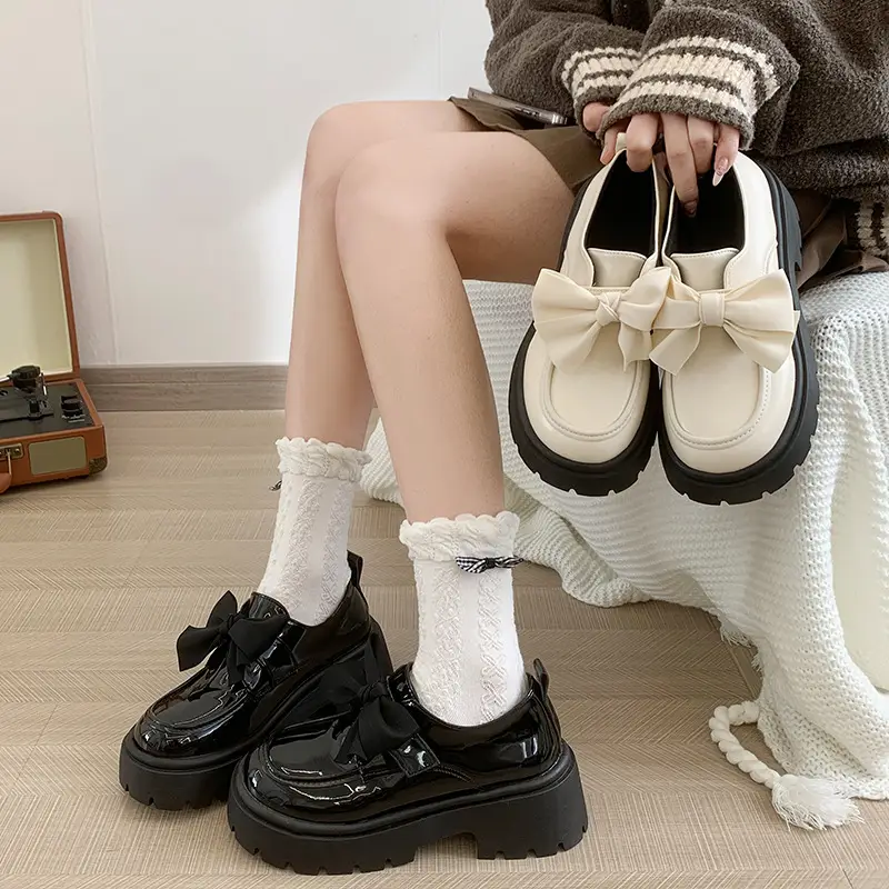 British style small leather shoes women's wholesale new spring and autumn bow with skirt thick bottom muffin retro casual shoes - Image 4