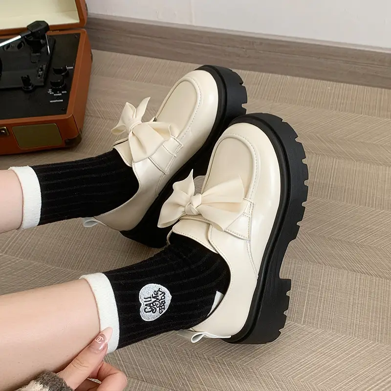 British style small leather shoes women's wholesale new spring and autumn bow with skirt thick bottom muffin retro casual shoes - Image 6