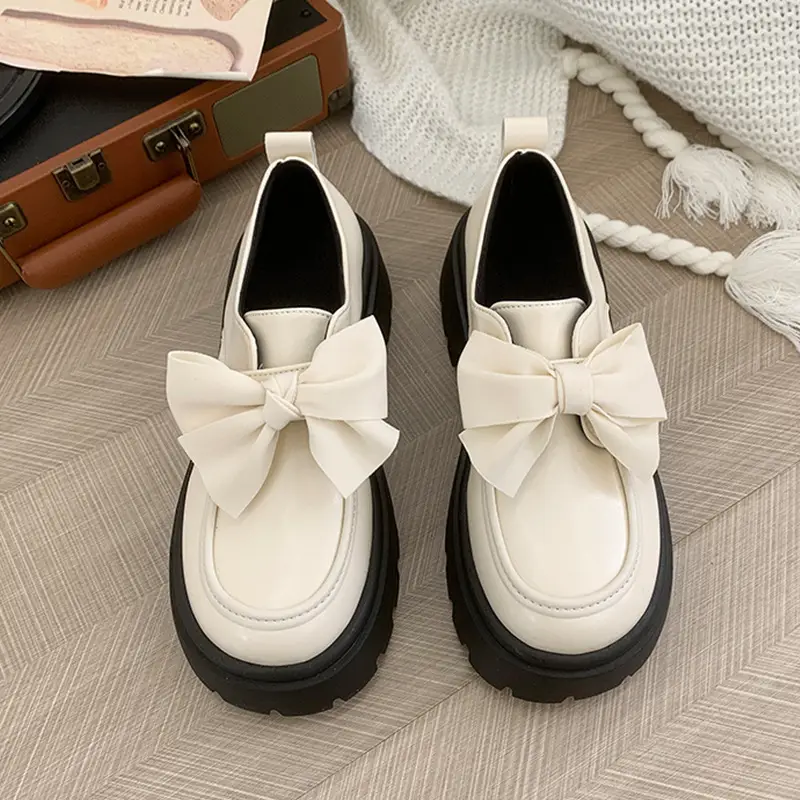 British style small leather shoes women's wholesale new spring and autumn bow with skirt thick bottom muffin retro casual shoes - Image 2