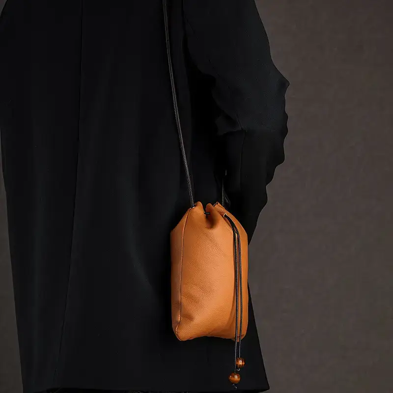 Genuine Leather Drawstring Shoulder Bag Brown Grey