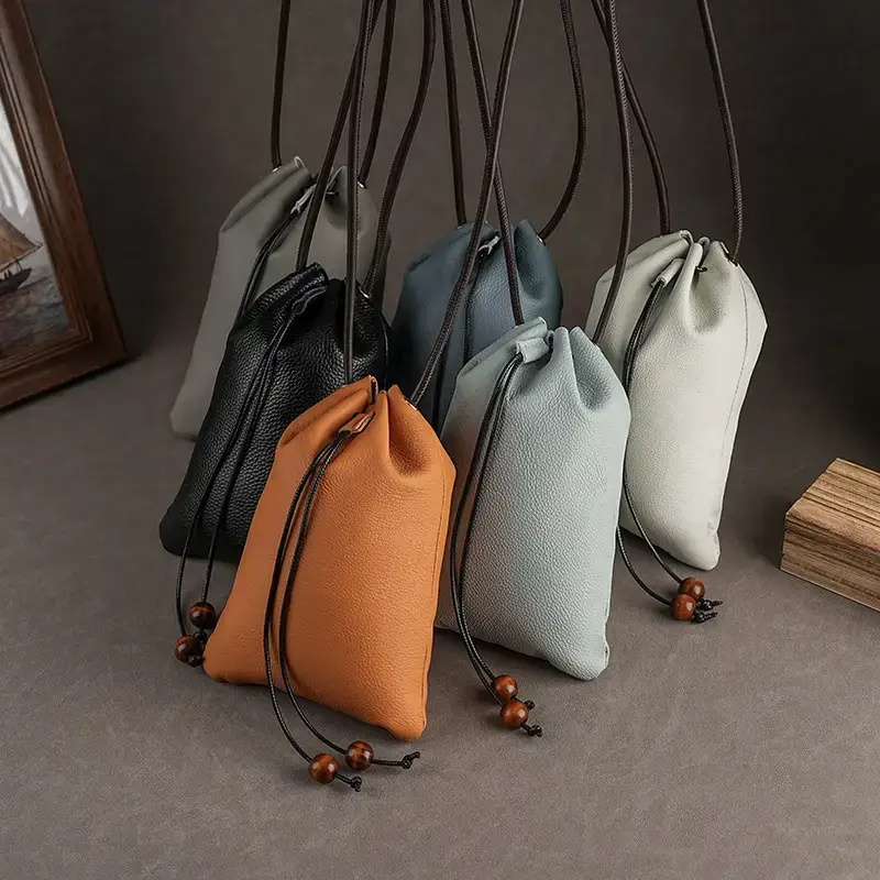 Genuine Leather Drawstring Shoulder Bag Brown Grey