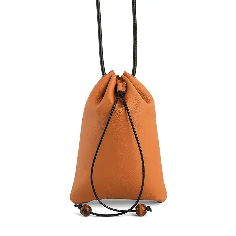 Genuine Leather Drawstring Shoulder Bag Brown Grey