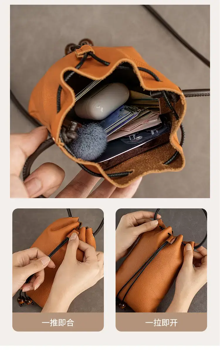 Genuine Leather Drawstring Shoulder Bag Brown Grey — feature 11