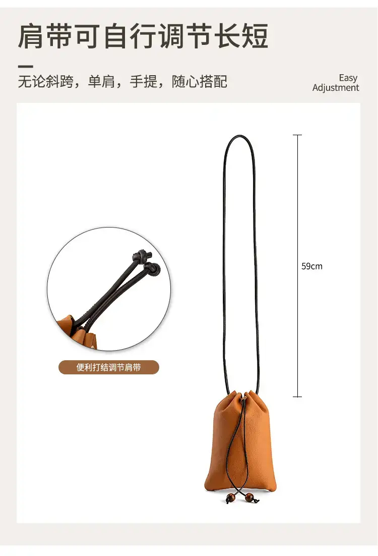 Genuine Leather Drawstring Shoulder Bag Brown Grey — feature 12