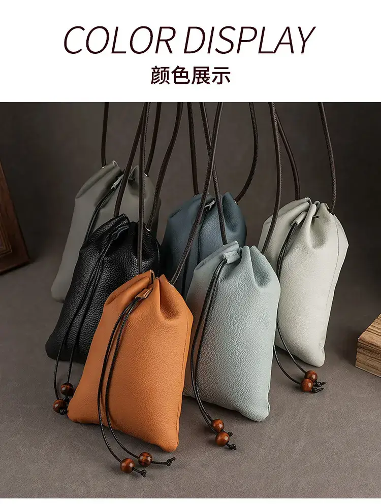 Genuine Leather Drawstring Shoulder Bag Brown Grey — feature 15
