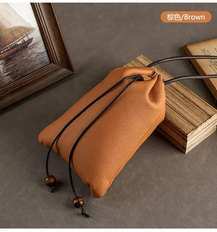 Genuine Leather Drawstring Shoulder Bag Brown Grey — feature 16