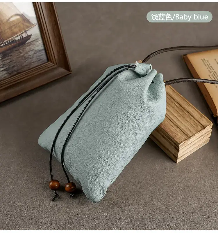 Genuine Leather Drawstring Shoulder Bag Brown Grey — feature 17