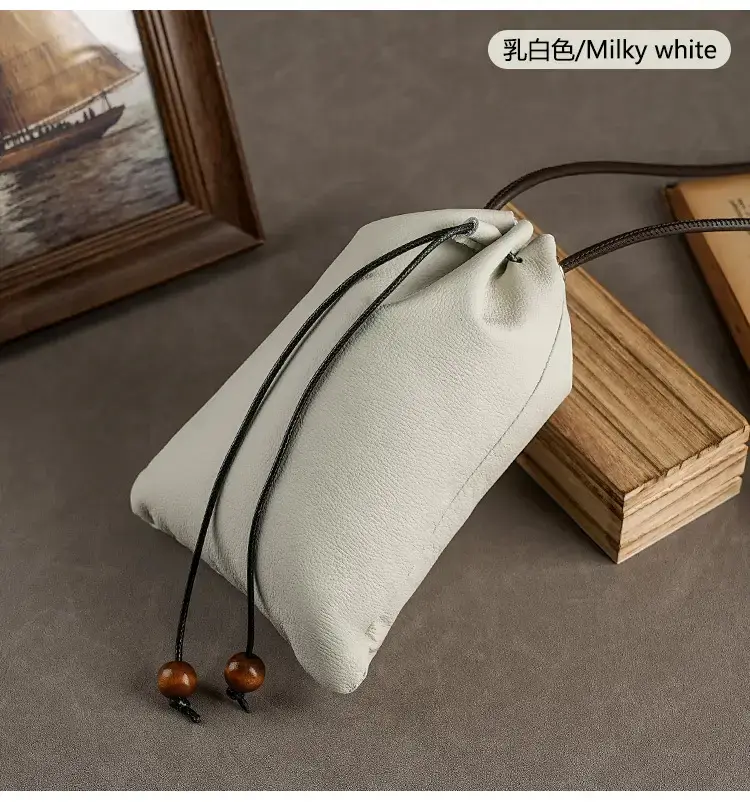 Genuine Leather Drawstring Shoulder Bag Brown Grey — feature 18