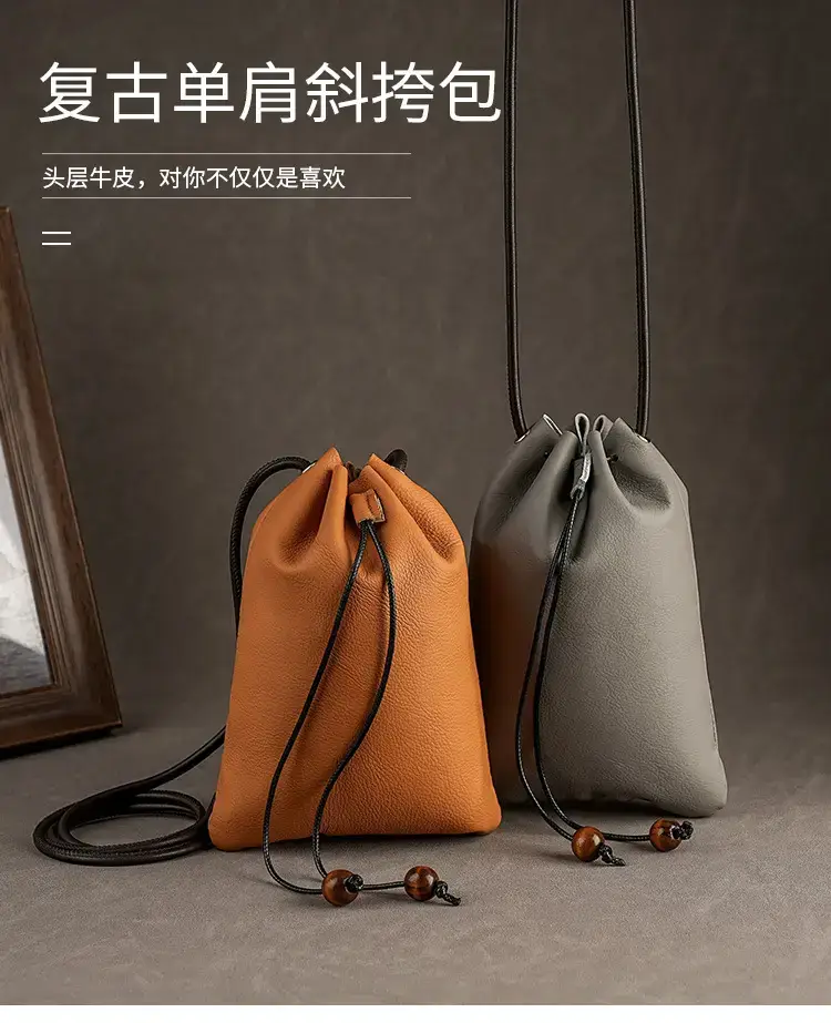 Genuine Leather Drawstring Shoulder Bag Brown Grey — feature 2