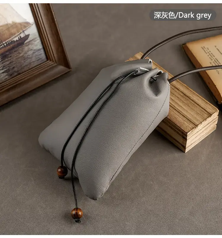 Genuine Leather Drawstring Shoulder Bag Brown Grey — feature 20