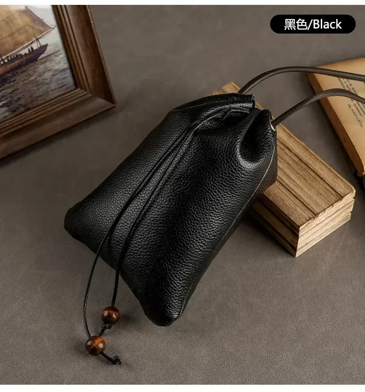 Genuine Leather Drawstring Shoulder Bag Brown Grey — feature 21
