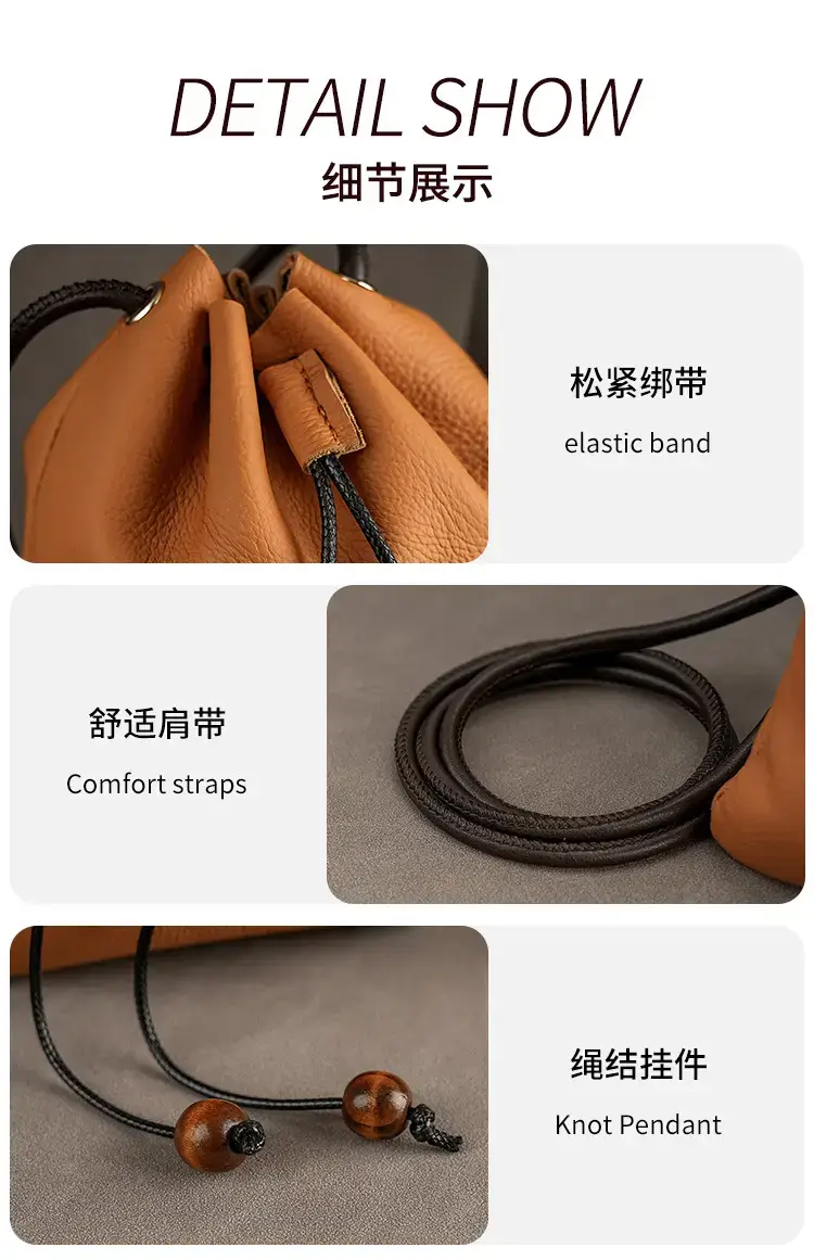 Genuine Leather Drawstring Shoulder Bag Brown Grey — feature 22