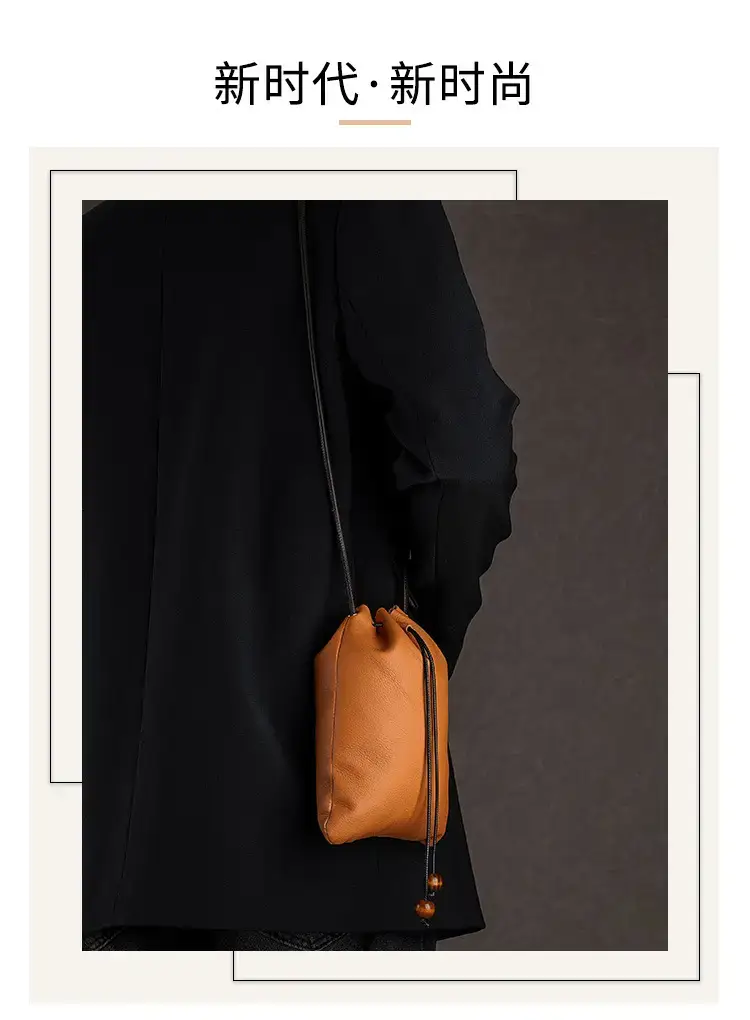 Genuine Leather Drawstring Shoulder Bag Brown Grey — feature 3