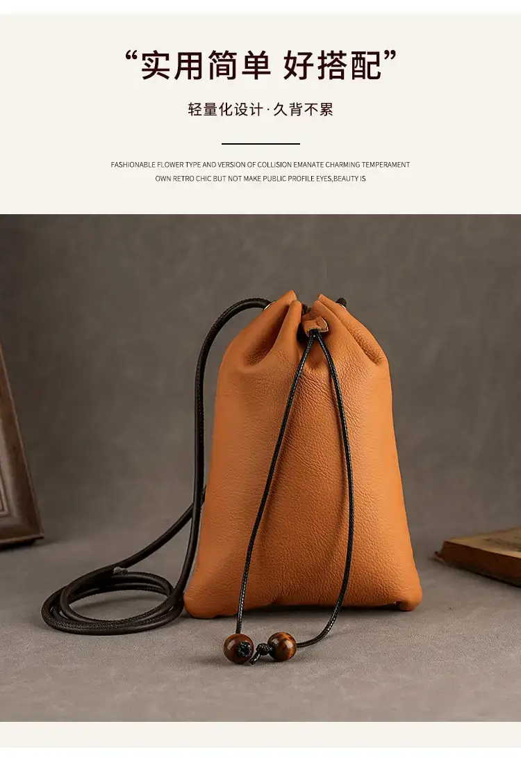 Genuine Leather Drawstring Shoulder Bag Brown Grey — feature 5