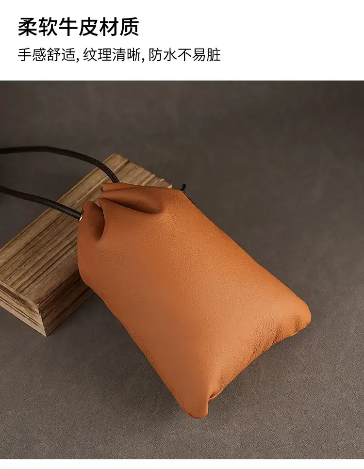 Genuine Leather Drawstring Shoulder Bag Brown Grey — feature 6
