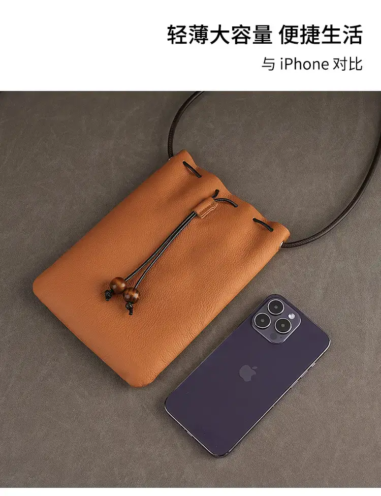 Genuine Leather Drawstring Shoulder Bag Brown Grey — feature 7