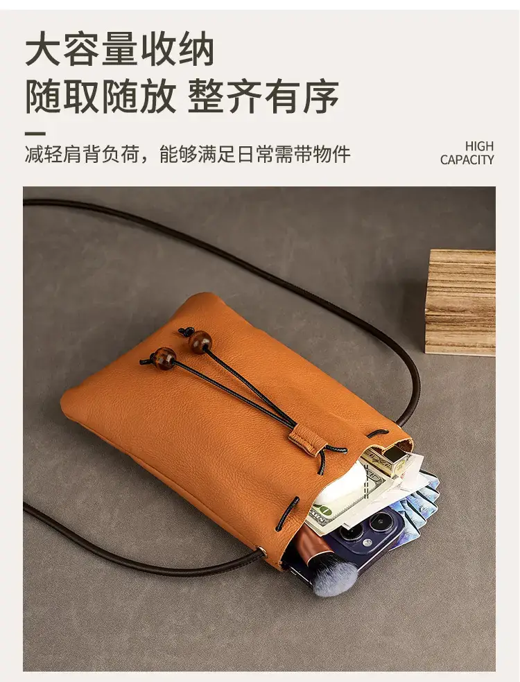 Genuine Leather Drawstring Shoulder Bag Brown Grey — feature 8