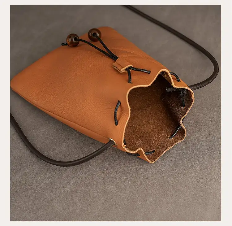 Genuine Leather Drawstring Shoulder Bag Brown Grey — feature 9