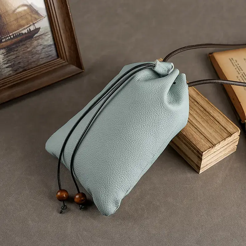 Genuine Leather Drawstring Shoulder Bag Brown Grey
