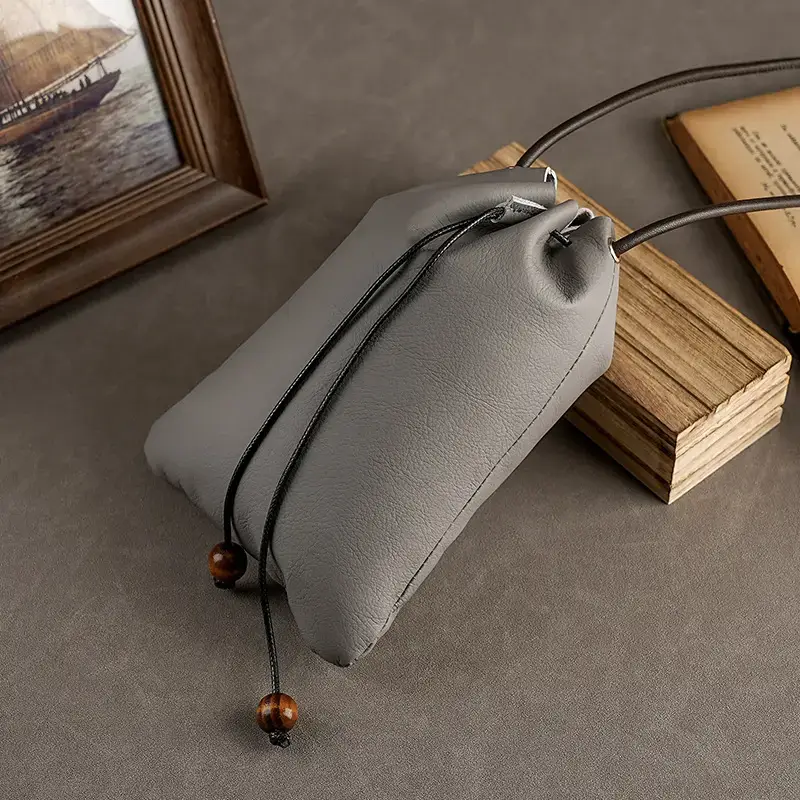Genuine Leather Drawstring Shoulder Bag Brown Grey