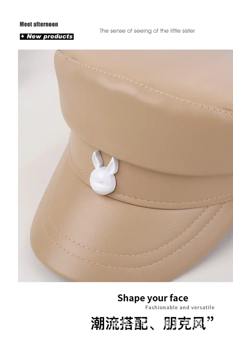 Korean New British Style Retro PU Leather Duck Tongue Newspaper Boy Cap Big Head Girth Fashionable Face Small Beret Flat Cap — feature 27
