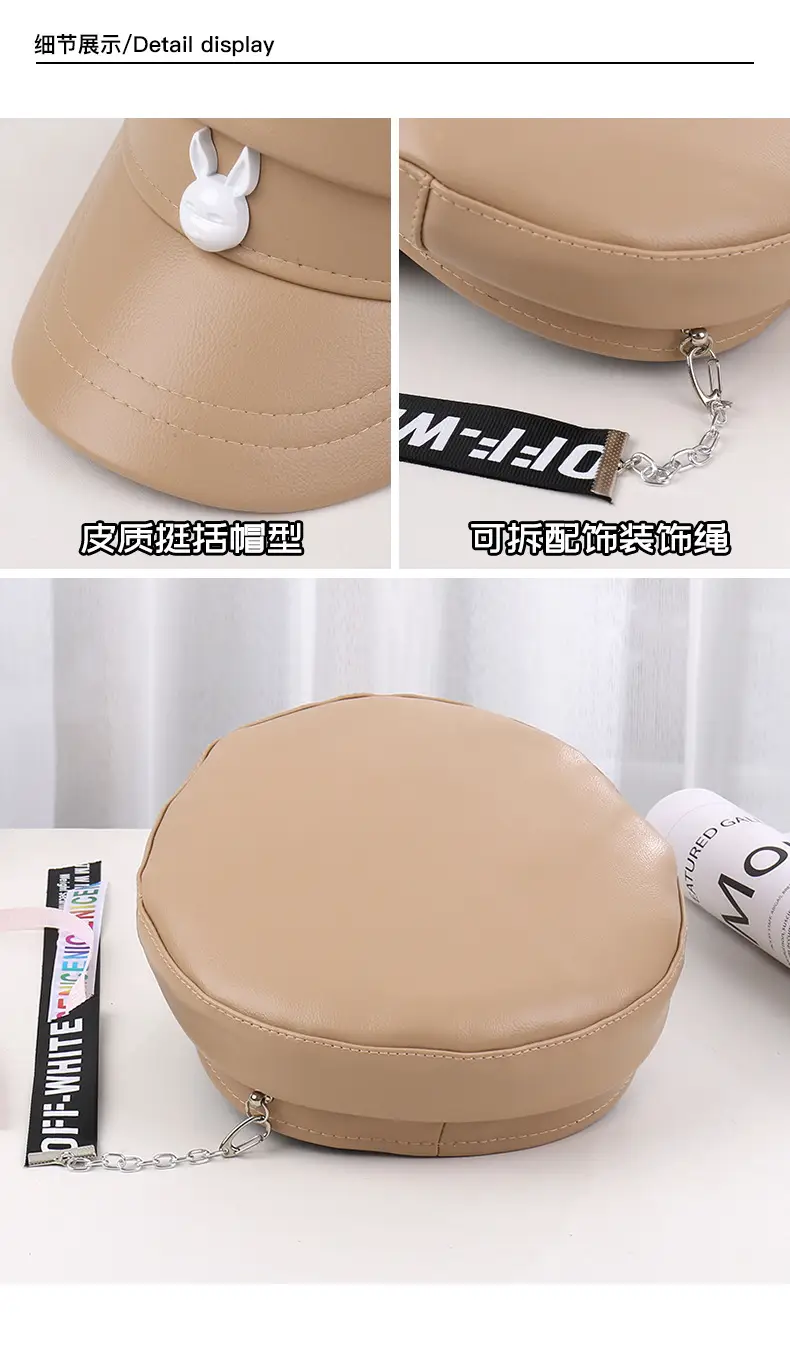 Korean New British Style Retro PU Leather Duck Tongue Newspaper Boy Cap Big Head Girth Fashionable Face Small Beret Flat Cap — feature 34